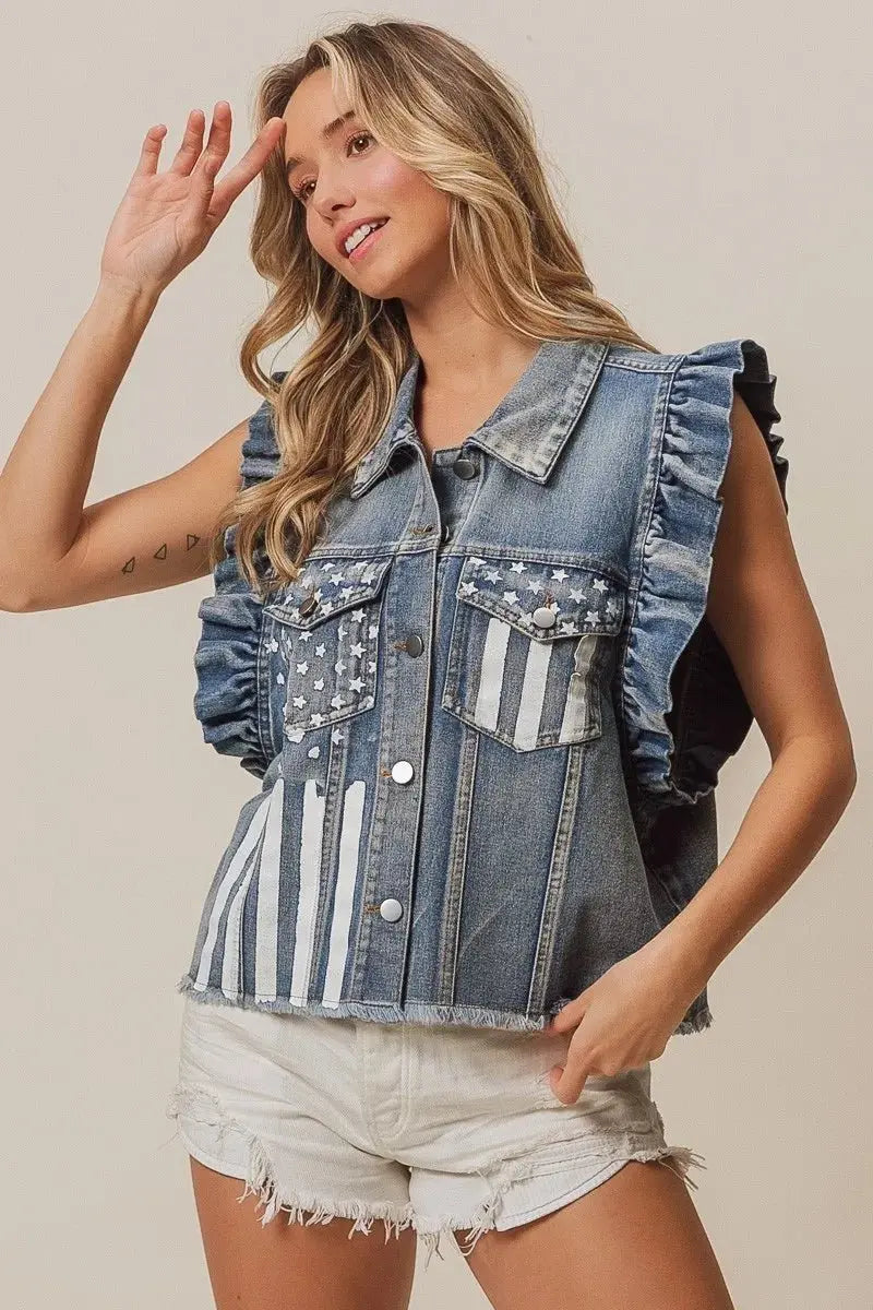 BiBi American Flag Washed Denim Jacket - Love Salve